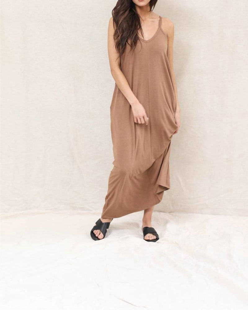 Front of a model wearing a size XLarge Everyday Maxi Dress In Deep Camel in Deep Camel by Zenana. | dia_product_style_image_id:345494